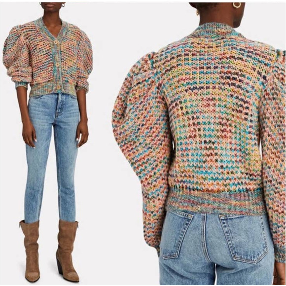 ULLA JOHNSON Fiora Puff Sleeve Cardigan Tropical Marl Knit Sweater XS/S Preowned - Picture 12 of 13